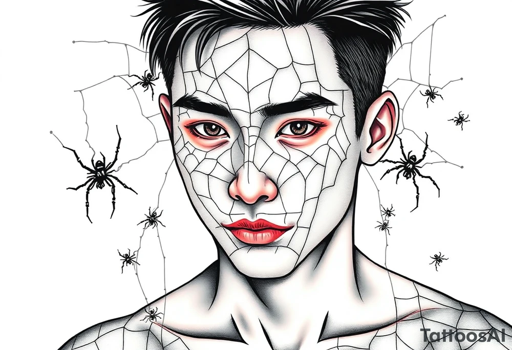 Handsome Asian young guy covered with spiders web tattoo idea