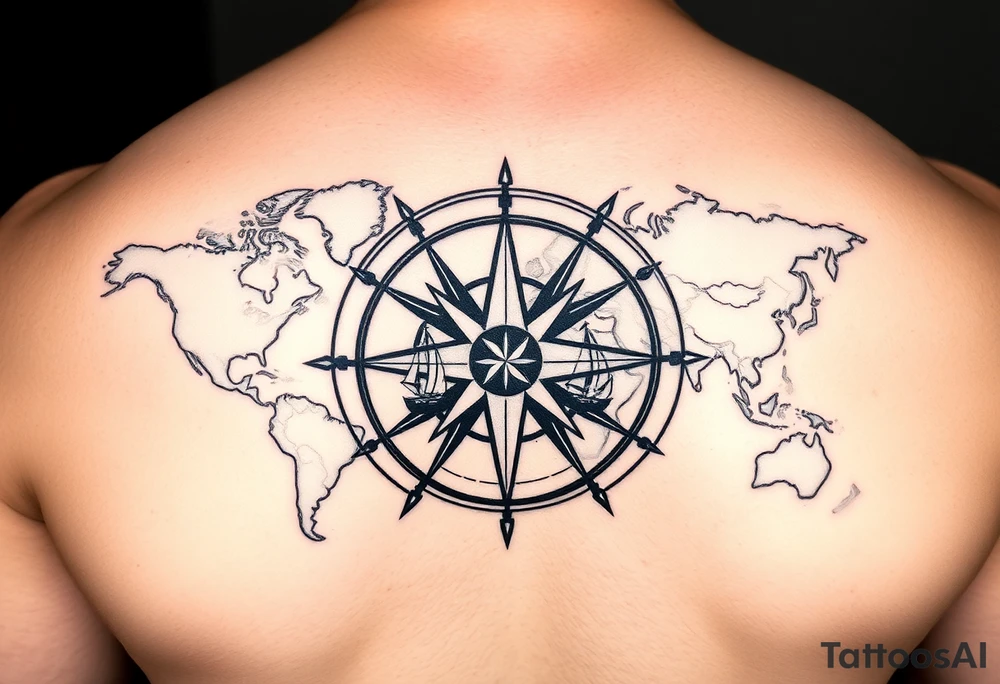 antique compass rose overlaid on weathered world map with sailing ships tattoo idea