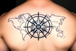 antique compass rose overlaid on weathered world map with sailing ships tattoo idea