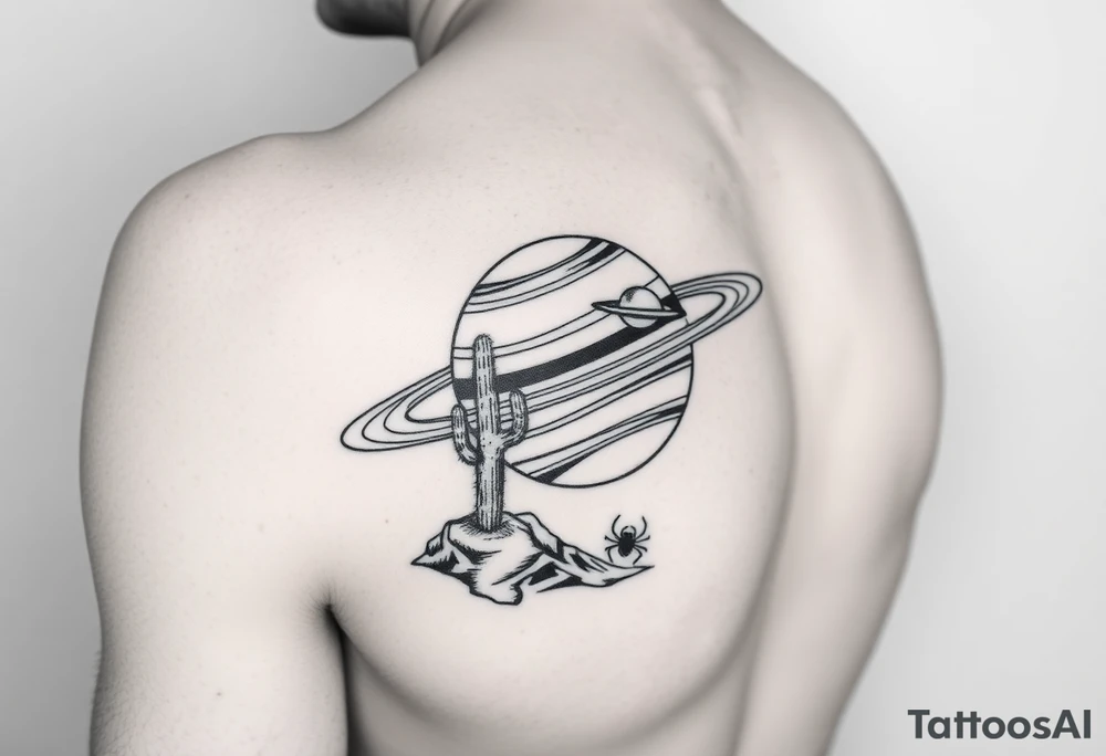 saturn with the rings being a rollercoaster track, and on the land i want the cactus jack cactus, a spider and the yeat UFO, on the forearm tattoo idea