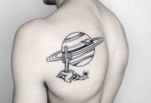 saturn with the rings being a rollercoaster track, and on the land i want the cactus jack cactus, a spider and the yeat UFO, on the forearm tattoo idea