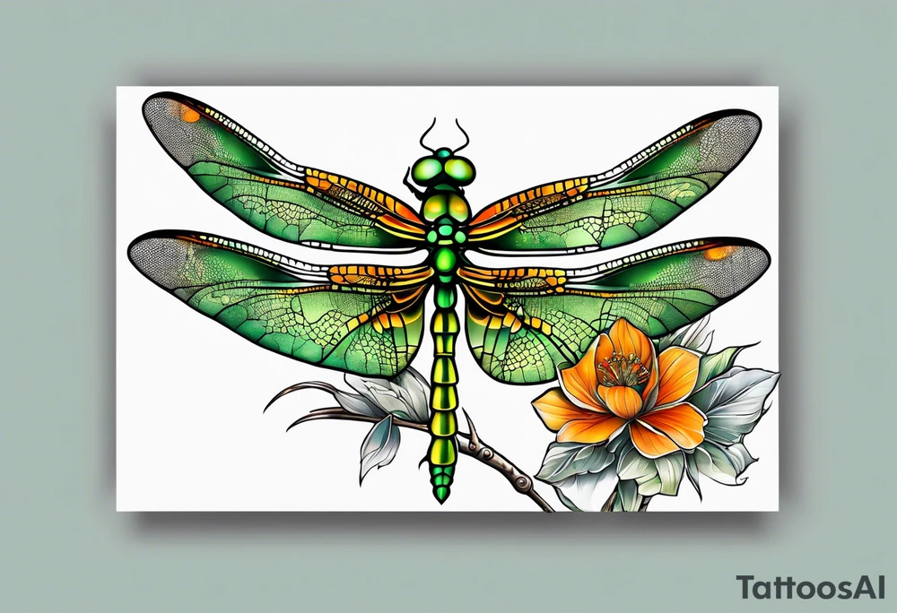green and orange dragonfly on a twig tattoo idea