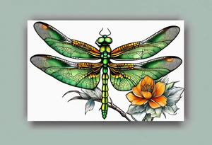 green and orange dragonfly on a twig tattoo idea