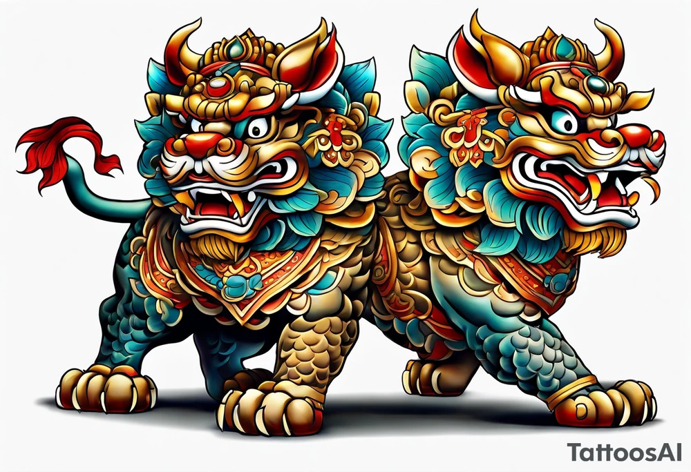 Two full body, Okinawa shisa standing on all fours, facing each other. tattoo idea