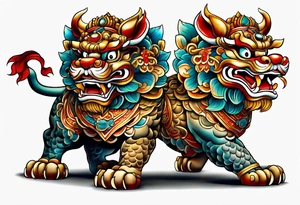 Two full body, Okinawa shisa standing on all fours, facing each other. tattoo idea