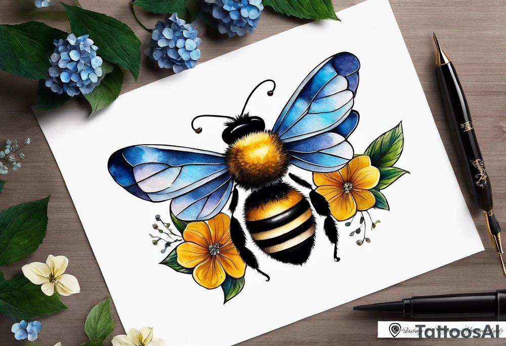 Small tattoo. There’s a hydrangea and a bee but they are not touching. Make the bee smaller than the hydrangea and have the bee off to the side. Bee is smaller than the hydrangea tattoo idea