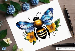 Small tattoo. There’s a hydrangea and a bee but they are not touching. Make the bee smaller than the hydrangea and have the bee off to the side. Bee is smaller than the hydrangea tattoo idea