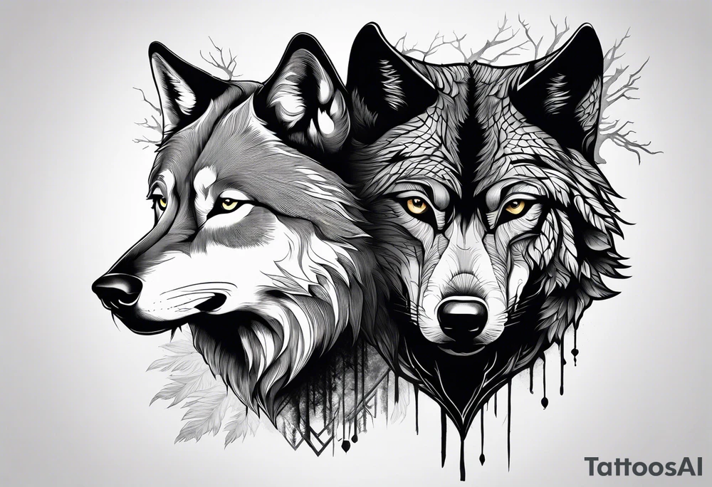 main character is an impressive powerful wolf, a crow talks to the wolf, background a gloomy mysterious forest tattoo idea