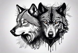 main character is an impressive powerful wolf, a crow talks to the wolf, background a gloomy mysterious forest tattoo idea