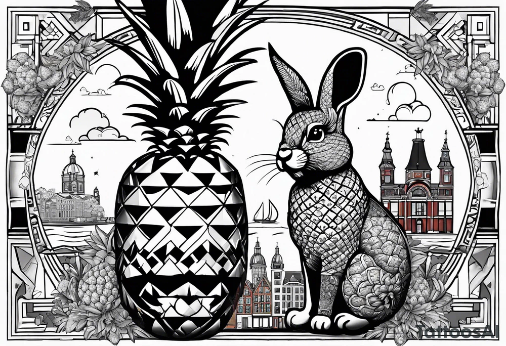 Animals and pineapples featuring animals and pineapples in galaxy colours featuring glass in Amsterdam buildings and canal tattoo idea