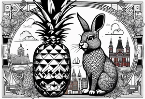 Animals and pineapples featuring animals and pineapples in galaxy colours featuring glass in Amsterdam buildings and canal tattoo idea