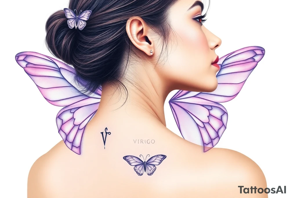 A dreamy portrait of a woman with delicate butterfly wings, in soft lavender, pink, and pearl white hue with the word Virgo above her head tattoo idea