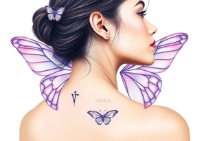 A dreamy portrait of a woman with delicate butterfly wings, in soft lavender, pink, and pearl white hue with the word Virgo above her head tattoo idea