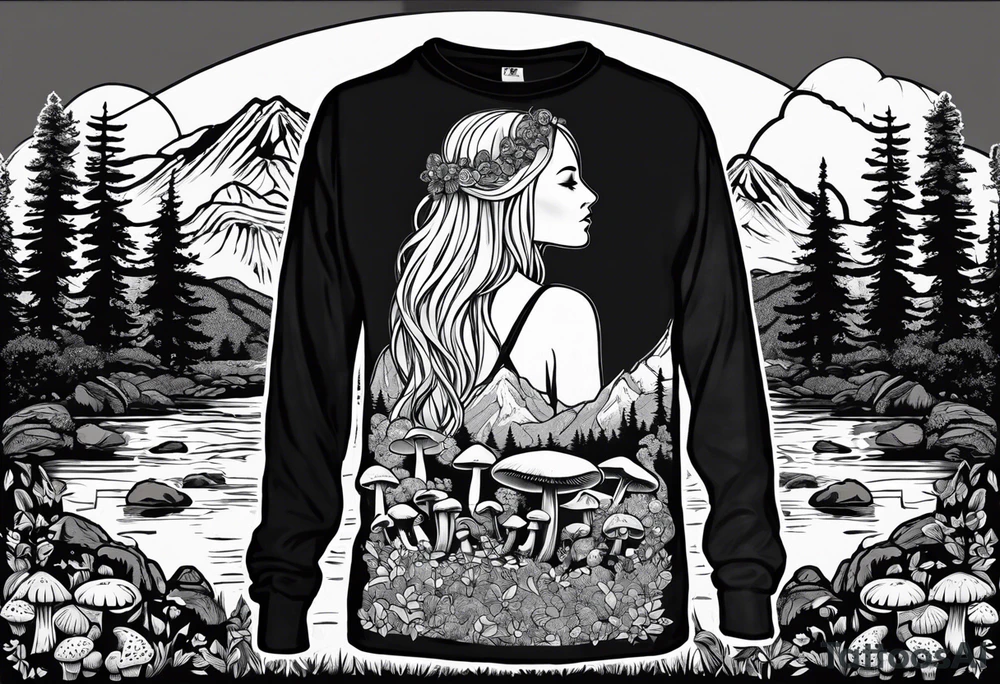 Whole picture encircled fully

Straight long blonde hair hippie girl in distance holding mushrooms in hand facing away toward mountains and creek surrounded by mushrooms long sleeve shirt and hiking pants; whole rendering within a full celtic circle border, no cut off circle tattoo idea