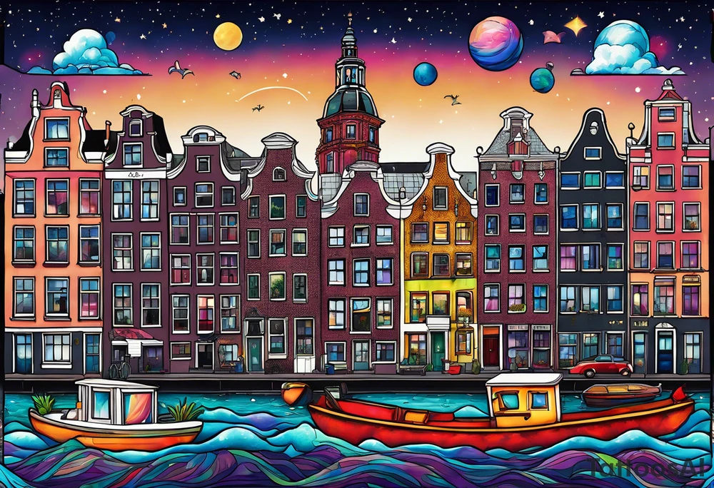 glass animals featuring colours of the universe and galaxies and pineapples in amsterdam city featuring Amsterdam buildings and canal tattoo idea
