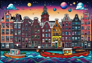 glass animals featuring colours of the universe and galaxies and pineapples in amsterdam city featuring Amsterdam buildings and canal tattoo idea