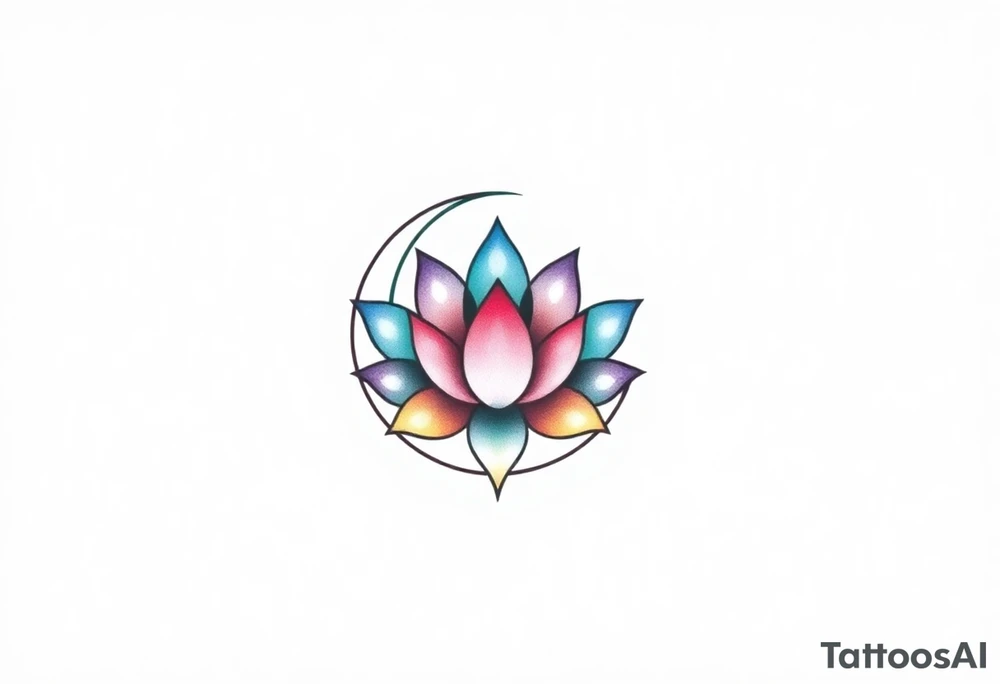 small colorful crescent moon with lotus flower tattoo idea