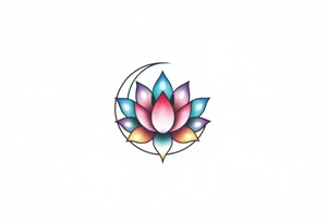 small colorful crescent moon with lotus flower tattoo idea