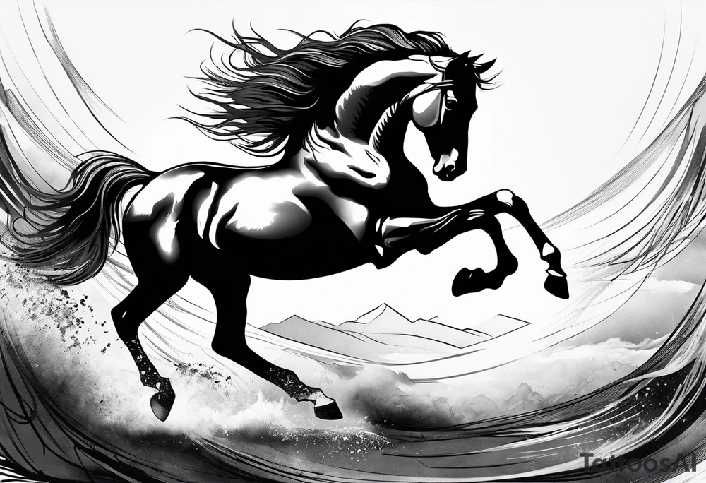 Mustang horse running along blood stomping tattoo idea