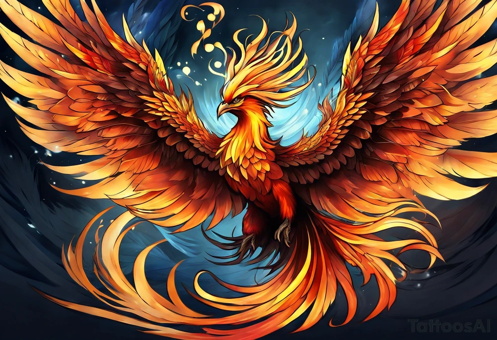Anime Tattoo: A powerful, majestic phoenix, depicted mid-flight or rising, with wings extended and feathers flowing. Deep shading and intricate details to bring out the texture and motion of the feathers. Style: Anime. tattoo idea