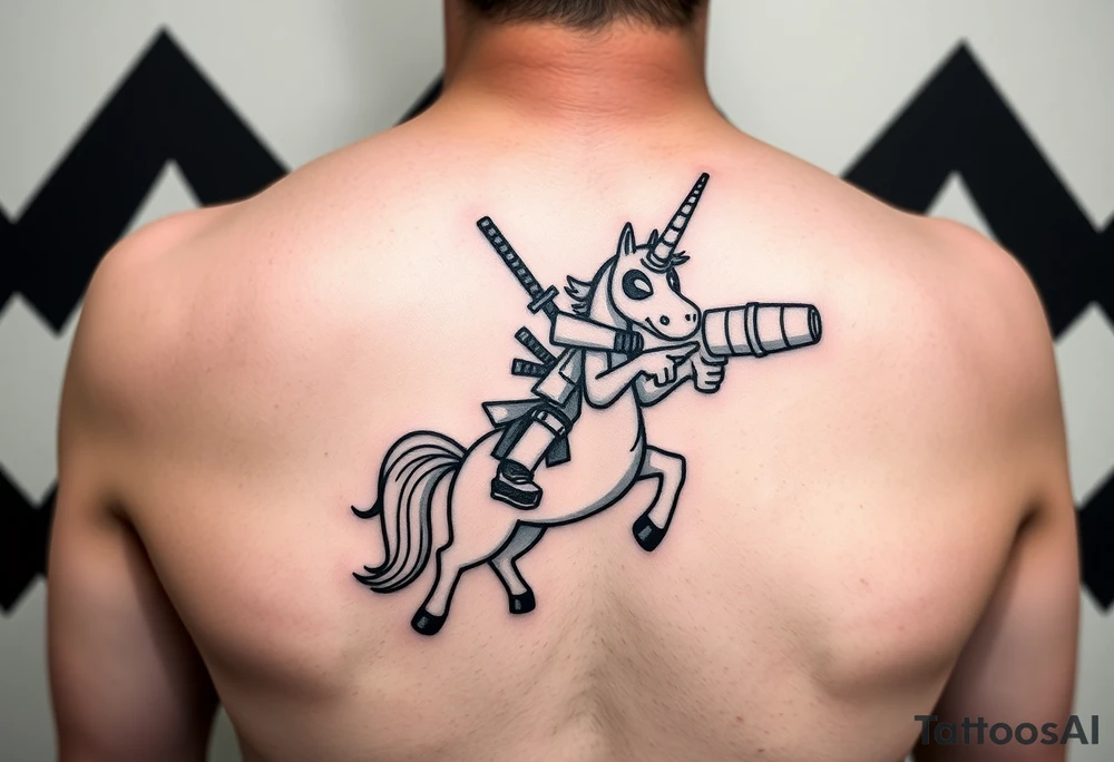 Deadpool riding cartoon unicorn pointing rocket propelled grenade launcher tattoo idea