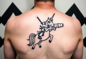 Deadpool riding cartoon unicorn pointing rocket propelled grenade launcher tattoo idea