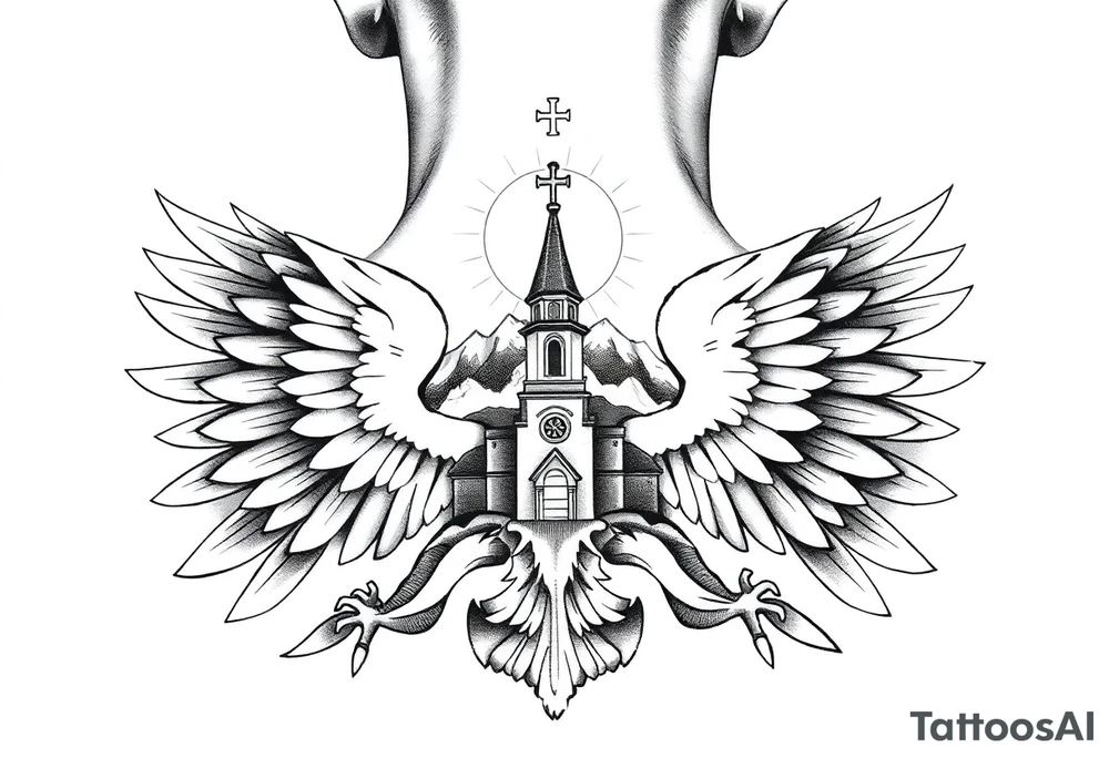 russian coat of arms with the eagles wings spanning out on my back neck across my shoulders / traps with a orthodox christian church being visible in a mountainous sun beaming setting, with the russian orthodox cross spire of the orthodox church being visible on my neck with a sun beaming in the background that the cross sits inside tattoo idea