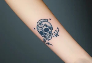 Skull with a snake going through its eyes and prickly vines with a clock in the background tattoo idea