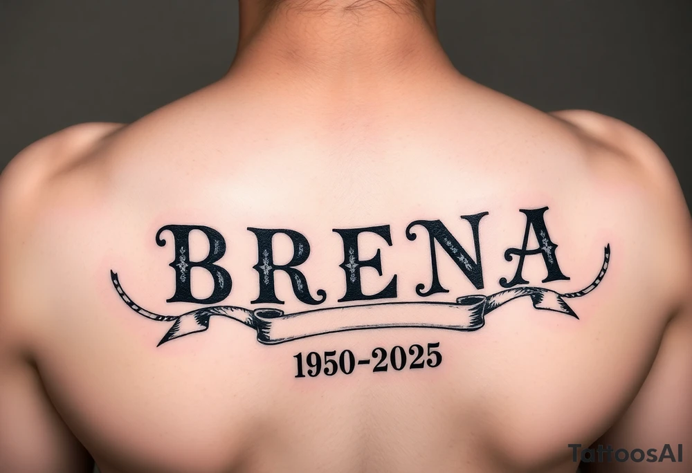 "B
R
E
N
D
A" going down arm one letter on top the other
 WITH RIBBONS UNDERNEATH SHOWING 1950-2025 tattoo idea