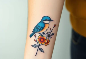 Bluebird with wild flowers tattoo idea