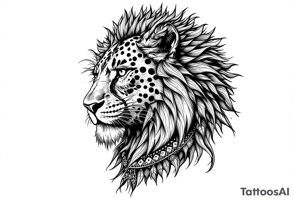 a mix the nemean lion, ancient Egyptian and roman royalty, and a leopard, combined with the sun and French pattern, facing left in profile tattoo idea