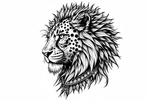 a mix the nemean lion, ancient Egyptian and roman royalty, and a leopard, combined with the sun and French pattern, facing left in profile tattoo idea