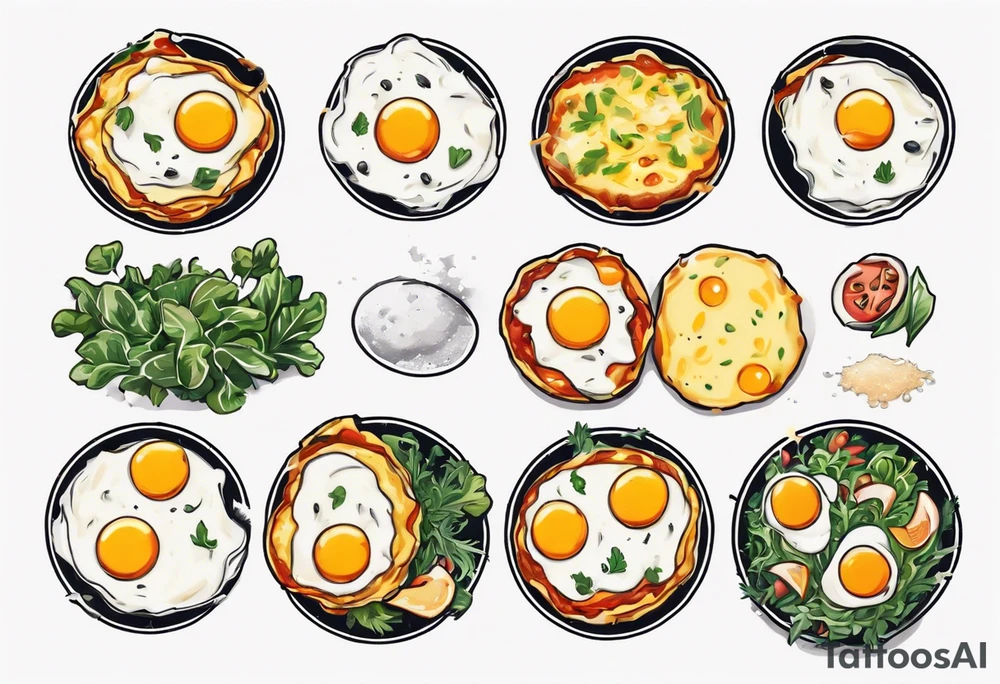 A round omlette, thin 5 fried eggs with salt pepper and a bit greens and shredded cheese on the top tattoo idea