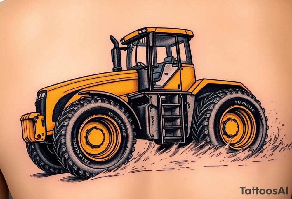 A hyper-realistic yellow tractor in motion, dust swirling around its massive tires. tattoo idea