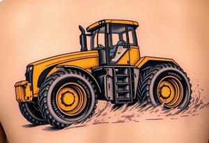 A hyper-realistic yellow tractor in motion, dust swirling around its massive tires. tattoo idea