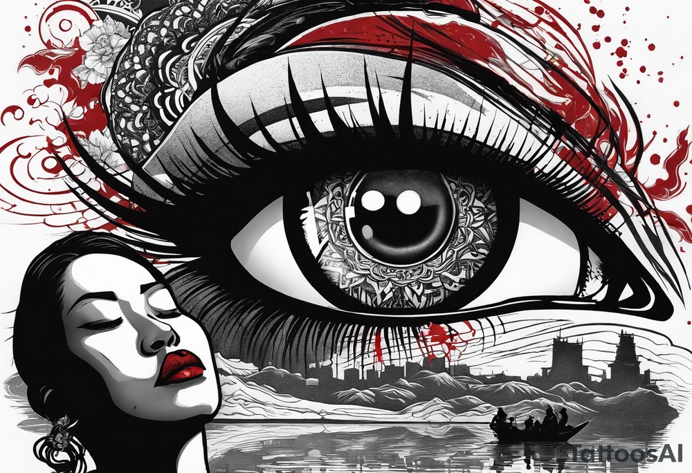 In the reflection of a eye crying blood two black siloets of people holding guns one man dead on the ground with a wounded woman standing behind him tattoo idea