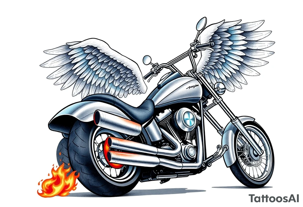 Low rider grey motorcycle, big muffler pipes with flames, angel wings, driving away, no person tattoo idea