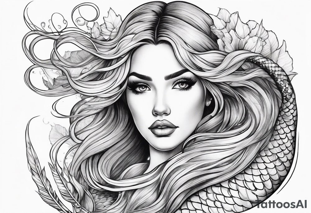 sexy goddess mermaid with flowing hair and long flowing tail with scales and tattoos combine the favorites tattoo idea