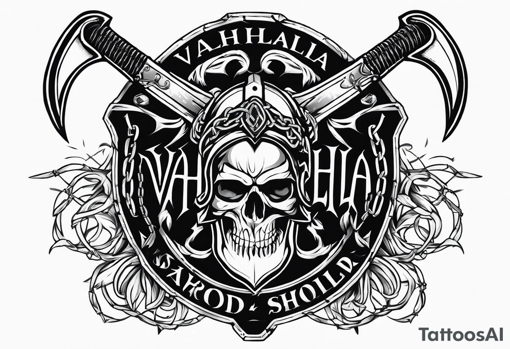 Valhalla sword round shield axe barbed wire chains dark cloud tattoo idea
