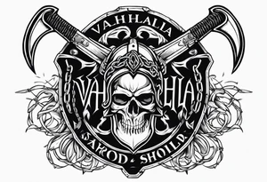 Valhalla sword round shield axe barbed wire chains dark cloud tattoo idea