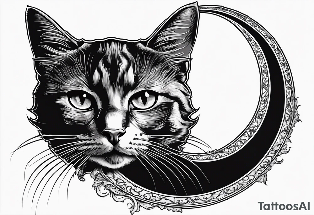 Photo realistic black cat head only facing forward add crescent moon to the left of the cat tattoo idea