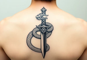 mystical snake coiled around an ancient dagger with jeweled hilt tattoo idea