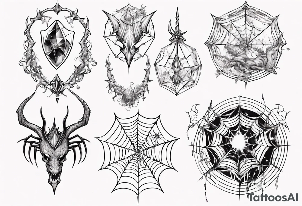 Dragon spiral spiderweb shattered chalices jewels, unicorn horn and a spider tattoo idea