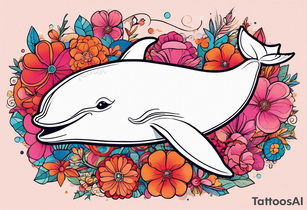 Small whale, hummingbird, face, flowers, bold color, collage, pink, orange, red, hot air balloon tattoo idea
