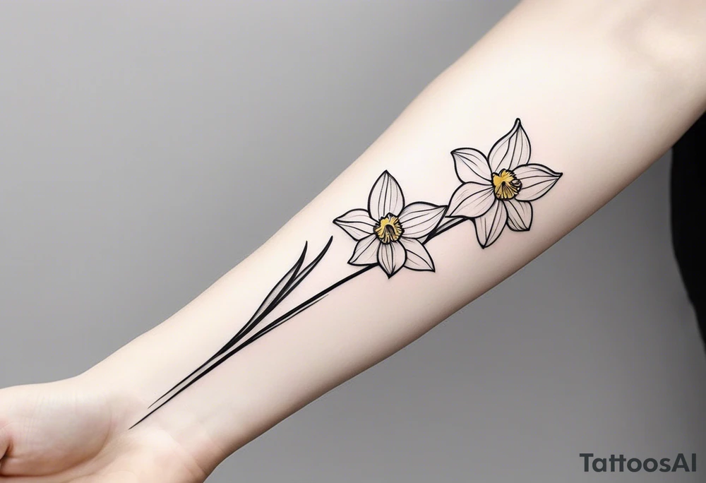 A minimalist tattoo design: Two daffodil flowers drawn with yellow lines, both blossoming from a single stem. The stem of the daffodils extends downward and is designed to form the word ‘muadil’ in cursive handwriting, so that the stem and the writing appear as a unified whole tattoo idea