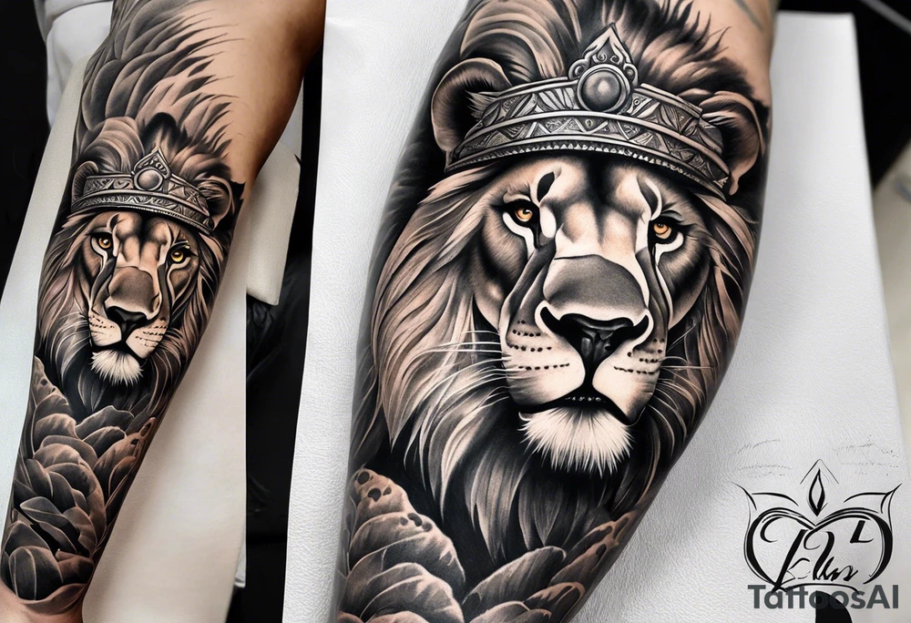 Full sleeve tattoo depicting a large lion with one blind eye with a scar going through the eye, protecting his lioness while they both also protect 6 lion cubs. Background should depict a safari scene tattoo idea