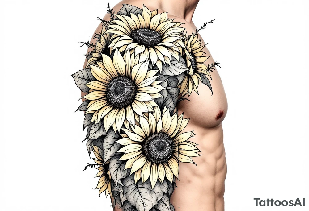 vintage bouquet of sunflowers with morning dew tattoo idea