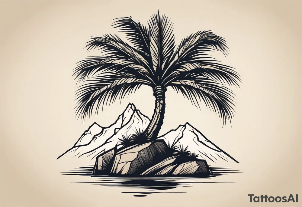 A wax palm grows resiliently from rocky soil, symbolizing growth and resilience. The tree roots are embedded in cracked rock, with a hint of water flowing from the rocks to signify life and nourishment. The design emphasizes the strength of nature’s endurance, with the wax palm standing tall and vibrant. tattoo idea