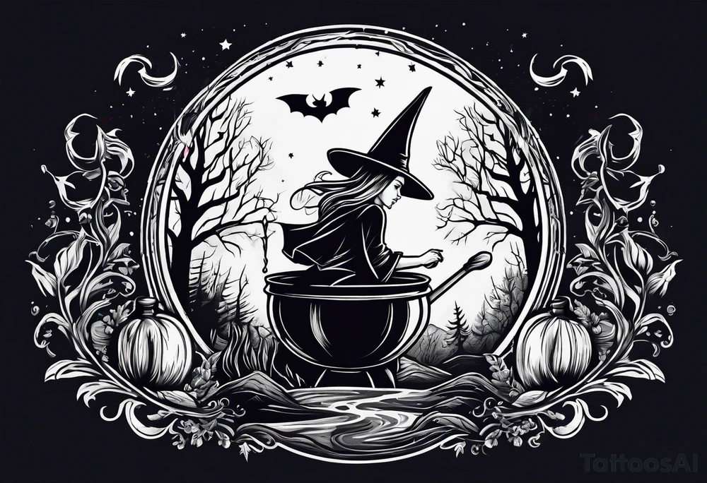 Witch stirring a cauldron under a full moon tattoo idea