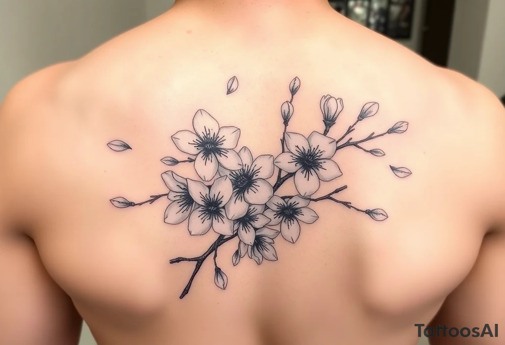 delicate cherry blossoms swirling in spring breeze with petals tattoo idea